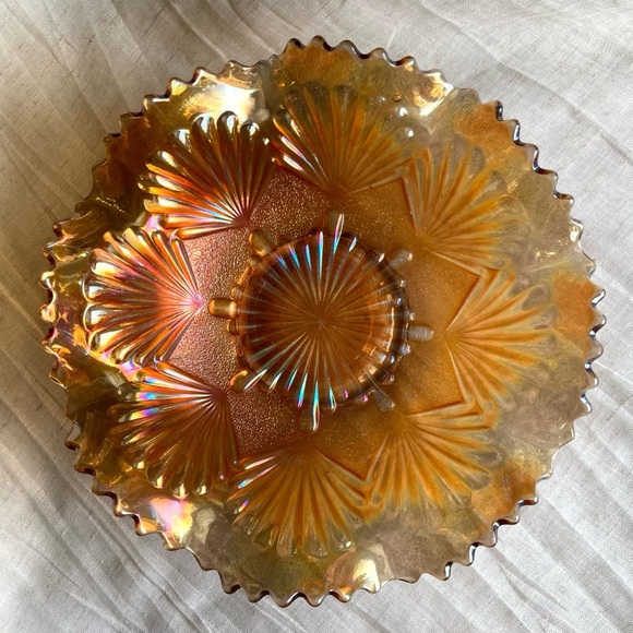 Vintage Carnival Glass Dish Amber Orange Gold Iridescent - Picture 3 of 9